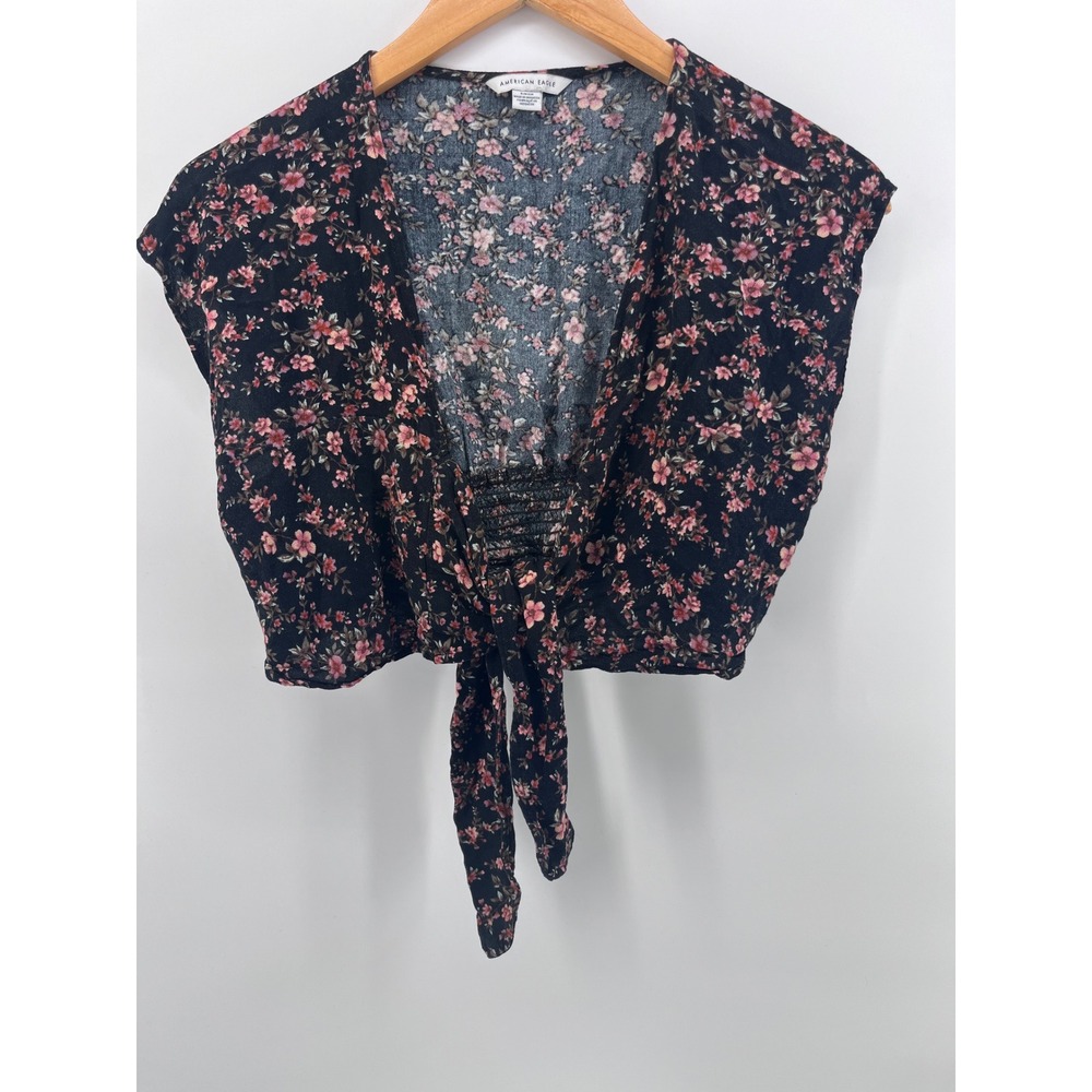 American Eagle Floral Tie Front Crop Top Smocked Back Sleeveless Blouse Small